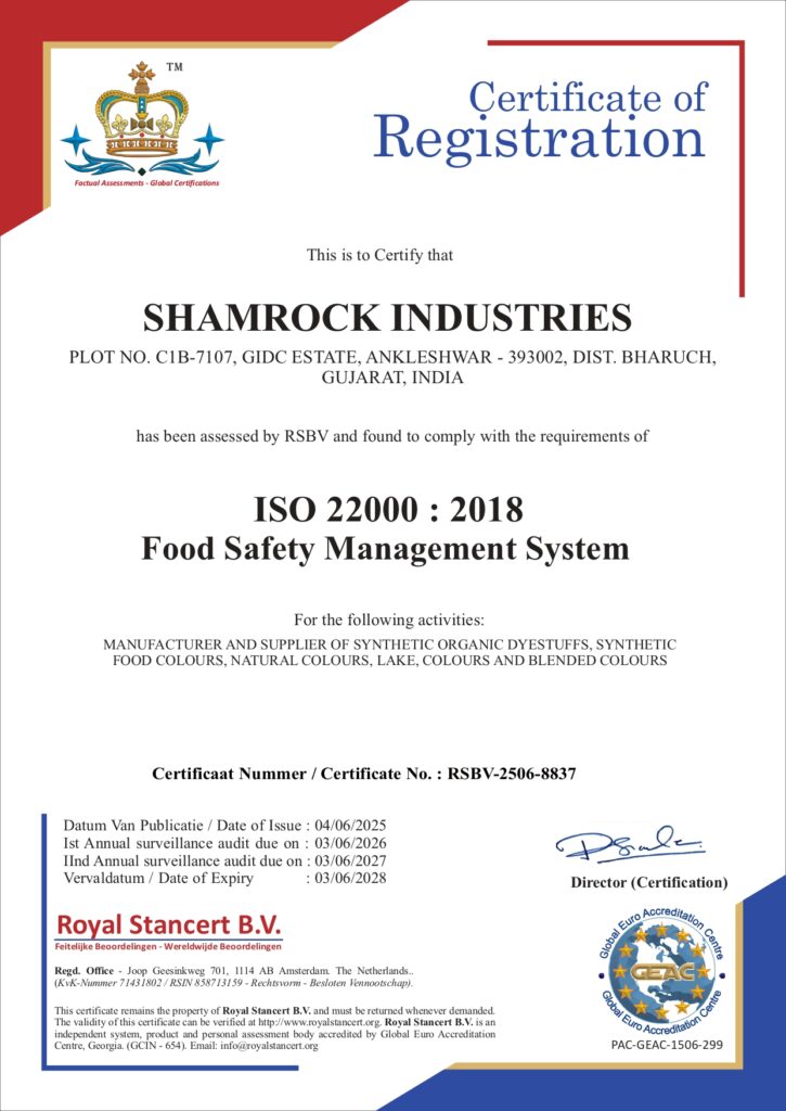 ISO 22000 SHAMROCK INDUSTRIES 25 28 page 0001 Shamrock Industries - Trusted manufacturer and supplier of dyestuffs, pigments, food colors, flavors, and fragrances