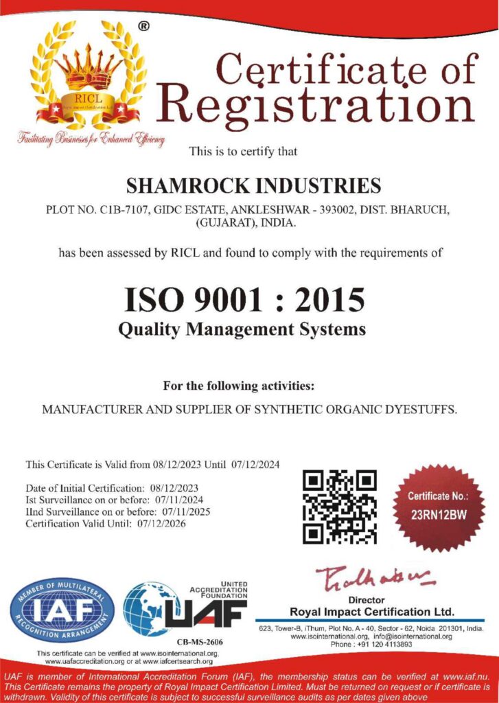 ISO 9001 Shamrock Industries 23 26 page 0001 Shamrock Industries - Trusted manufacturer and supplier of dyestuffs, pigments, food colors, flavors, and fragrances